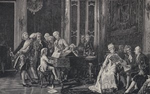 Il sette anni Wolfgang Amadeus Mozart che suona davanti a Re Giorgio III a Londra, 1764 da French School