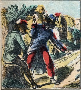Il leone malato e la volpe. Favole di Jean de La Fontaine (1621-95). Immagine di Epinal fine XIX secolo