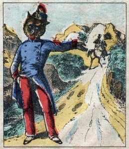 Il leone malato e la volpe. Favole di Jean de La Fontaine (1621-95). Immagine di Epinal fine XIX secolo