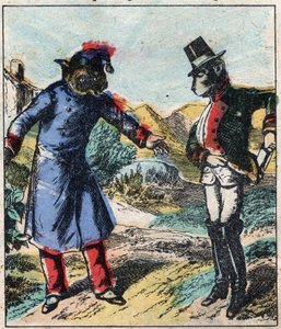 Il leone malato e la volpe. Favole di Jean de La Fontaine (1621-95). Imaging Epinal dalla fine del XIX secolo