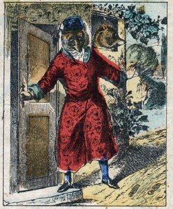 Il leone malato e la volpe. Favole di Jean de La Fontaine (1621-95). Immagine di Epinal fine XIX secolo.