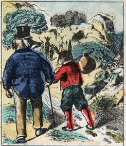Il leone malato e la volpe. Favole di Jean de La Fontaine (1621-95). Immagine di Epinal fine XIX secolo. da French School
