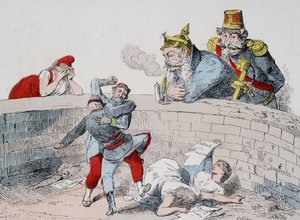 La situazione - Gauillaume: Dobbiamo aiutare i pazzi, Badingue (Napoleone III): Lasciamoli fare mio fratello, sarà il momento di intervenire quando (i parigini) si saranno divorati tra loro. Caricatura sulla Comune. da French School