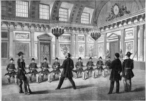 Il figlio di Napoleone III, principe imperiale, pratica le armi con le guardie, davanti a suo padre l