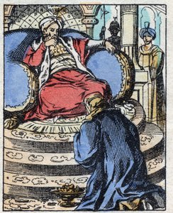 Il sultano è stupito dai diamanti che Aladino gli offre per chiedere la mano di sua figlia. Incisione del racconto delle Mille e una notte "Aladino e la lampada meravigliosa". Immagine di Épinal, fine XIX secolo. Collezione privata