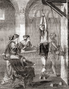 La tortura di una donna accusata di stregoneria nel medioevo, da Les Merveilles de la Science, pubblicato c.1870 (litografia) da French School