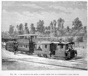 Il tram da Rueil a Marly, guidato dalla locomotiva ad acqua calda - in "Le nuove conquiste della scienza" di Louis Figuier da French School