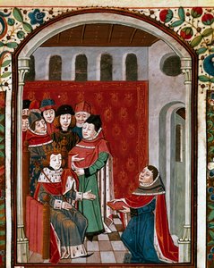 Il traduttore Giovanni di Meung (o Clopinel o Chopinel) dona la sua opera al re Filippo IV il Bello (miniatura tratta da De Consolatione Philosophiae del filosofo latino Boezio, tradotto da Jean d) da French School