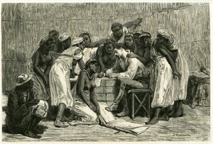 La visita delle regine, le sedici mogli del Re Sepopo, nella capanna del Dottor Holub. Incisione di D. Maillard, per illustrare il racconto 