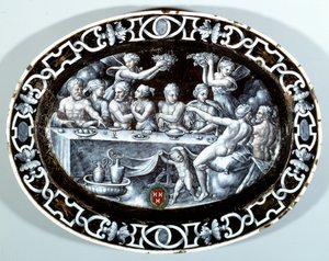 Il banchetto nuziale di Psiche. Piatto ovale in smalto dipinto su rame della scuola francese. 1560 Parigi, Museo del Louvre da French School