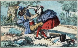 Il lupo e la cicogna. Favole di Jean de La Fontaine (1621-95). Immagine di Epinal fine XIX secolo