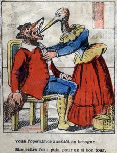 Il lupo e la cicogna. Favole di Jean de La Fontaine (1621-95). Immagine di Epinal fine XIX secolo