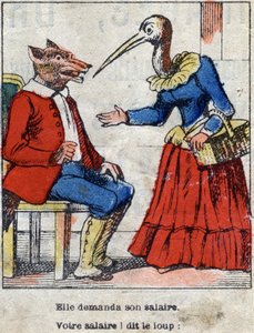 Il lupo e la cicogna. Favole di Jean de La Fontaine (1621-95). Immagine di Epinal fine XIX secolo.