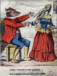 Il lupo e la cicogna. Favole di Jean de La Fontaine (1621-95). Immagine di Epinal fine XIX secolo.