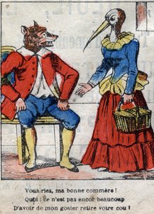 Il lupo e la cicogna. Favole di Jean de La Fontaine (1621-95). Immagine di Epinal della fine del XIX secolo