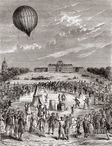 Il primo pallone a idrogeno del mondo, lanciato sopra il Campo di Marte, Parigi, Francia nel 1783, da Les Merveilles de la Science, pubblicato c.1870 da French School