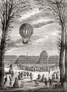 Il primo volo umano con pallone a idrogeno del mondo sopra il Champs de Mars, Parigi, Francia il 1 dicembre 1783, pilotato da Nicolas-Louis Robert e dal professore Jacques Charles, da 