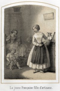 La giovane donna francese di umile origine sociale lavora come domestica in una famiglia benestante. Guarda con invidia i bambini impegnati nei loro giochi. Incisione anonima del XIX secolo da French School