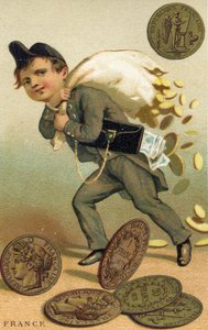 Ladro che scappa con un sacco di franchi francesi e banconote, da una serie di carte promozionali sulle valute in diversi paesi, pubblicata a Parigi da Baster & Vieillemard per uso del produttore di cioccolato