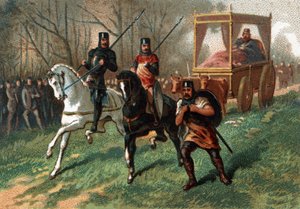 Thierry I (? - 533), re di Austrasia su un carro trainato da buoi. Cromolitografia della fine del XIX secolo. da French School
