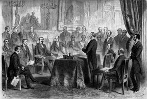 Terza Repubblica: riunione del Consiglio di Stato alle Tuileries in presenza di Napoleone III (1808-1873) e del Barone Eugène Georges Haussmann, prefetto di Parigi (1809-1891). Incisione in Le Monde Illustré n. 291 dell