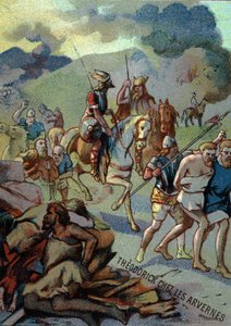 Teoderico, figlio maggiore di Clodoveo, negli Arverni (Alvernia) (532-533). Cromolitografia della serie "Educazione patriottica attraverso l