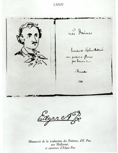 Pagina del titolo di Les Poemes di Edgar Allan Poe (1809-49) tradotto da Stephane Mallarme (1842-98) con un ritratto dell