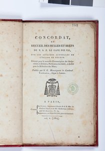 Pagina del titolo del Concordato e Raccolta delle bolle e brevi di N. S. P. il Papa Pio VII, pubblicato da Giovanni Battista Caprara, Parigi, Chez Le Clers, 1802