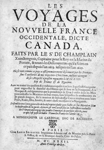 Pagina del titolo per Les Voyages de la Nouvelle France... pubblicato nel 1632 (stampa) da French School