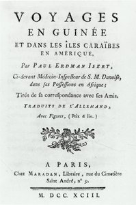 Pagina del titolo di Viaggi in Guinea e nelle Isole Caraibiche in America di Paul Erdman Isert, pubblicato nel 1743 da French School