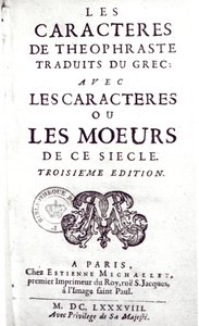 Pagina del titolo di Les Caracteres de Theophraste traduits du grec, avec Les Caracteres ou les moeurs de ce siecle di La Bruyere, 1688 da French School