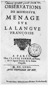Frontespizio di Observations sur la langue francaise di Gilles Menage, edizione 1672, chez Claude Barbin, au Palais, sur le second perron de la Sainte Chapelle, Parigi