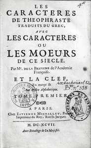 Pagina del titolo di Les Characteres ou les Moeurs di Teofrasto tradotto da Jean de la Bruyere (1645-96) 1697