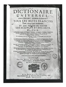 Pagina del titolo del Dictionnaire Universel di Antoine Furetiere (1619-88) 1690 da French School