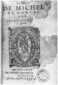 Pagina del titolo della prima edizione di Essais di Michel de Montaigne (1533-92) 1580 da French School