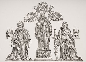 Decorazione della tomba raffigurante Nicholas Flamel (c.1330-c.1418) e sua moglie Pernelle, dopo le decorazioni nel Cimitero degli Innocenti, Parigi, da Le Moyen Age et La Renaissance di Paul Lacroix (1806-84) da French School