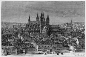 Tournai: vista esterna di Notre-Dame e panorama della città. Incisione di Barclay, per illustrare la storia 