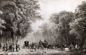 Traffico a Parigi, Francia, nel XIX secolo, circa 1830 da French School