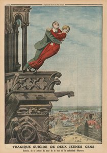 Suicidio tragico di due giovani dalla torre della cattedrale di Anversa, illustrazione di copertina da 