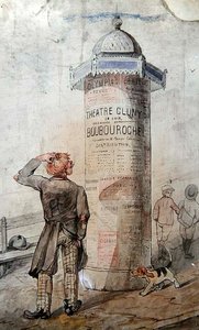 Vagabondo che guarda un poster pubblicitario della commedia di Courteline 