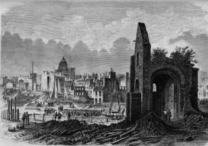 Trasformazioni di Parigi sotto il Secondo Impero, Parigi haussmanniana: rovine della chiesa di San Marcel, sulla piazza della Collegiata, scoperte durante la costruzione del boulevard Arago da French School