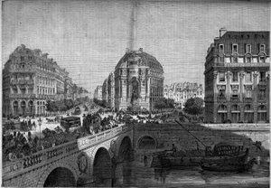 Trasformazioni di Parigi sotto il Secondo Impero, Haussmann Parigi: vista della fontana Saint Michel (1860) sul Boulevard de Sebastopol. Incisione in "Le Monde Illustré" n°175 del 18 agosto 1860. da French School