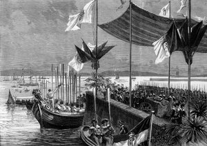 Traslazione delle ceneri di Luis Vaz de Camoes e Vasco de Gama, Portogallo, 9 giugno 1880: sbarco nel porto di Belem dei resti del poeta Luis Vaz de Camoes noto come i Camoani e del navigatore Vasco de Gama. Incisione in 