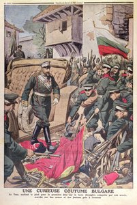 Lo Zar Ferdinando I (1861-1948) di Bulgaria cammina su bandiere catturate durante la guerra balcanica del 1912, novembre 1912