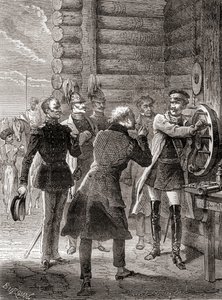 Lo zar Nicola I inaugura la linea telegrafica a semaforo tra Mosca e Varsavia nel 1833, utilizzando una modifica del sistema a semaforo di Claude Chappe, da Les Merveilles de la Science, pubblicato c.1870