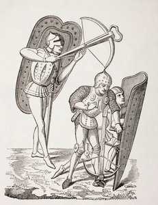 Due balestrieri francesi del XV secolo, uno che spara la sua arma, l