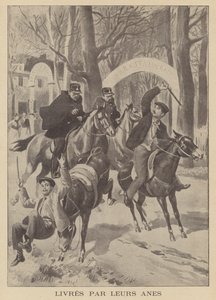 Due ladri catturati dalla polizia dopo che i loro asini si sono rifiutati di muoversi (litografia)