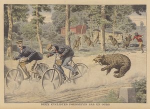 Due ciclisti inseguiti da un orso fuggito da French School