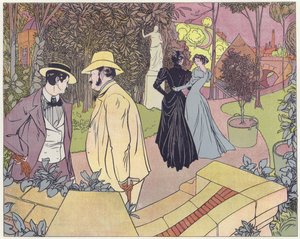 Due uomini conversano mentre due donne passeggiano in un giardino da French School