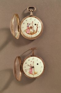 Due orologi da tasca con simboli rivoluzionari (metallo e smalto) da French School